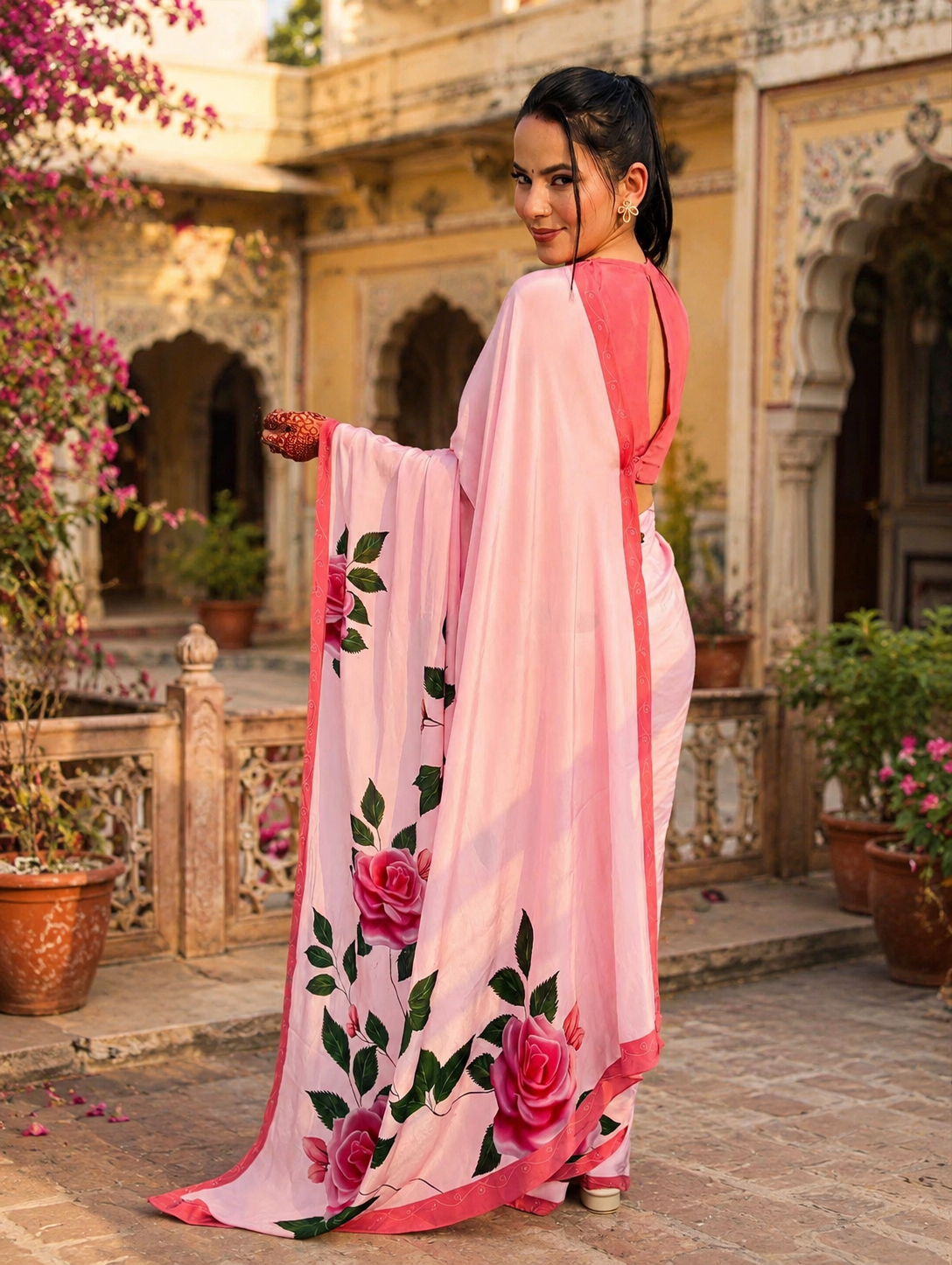 Satin Silk Printed Saree With Unstitched Blouse(Pink)