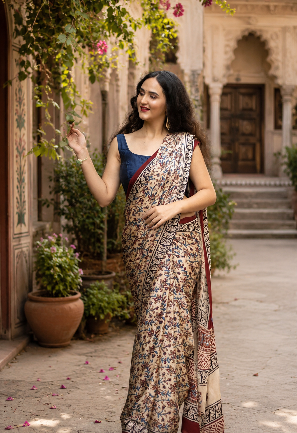 Gajji Silk Ajrakh Printed Saree With Unstitched Blouse(Beige)