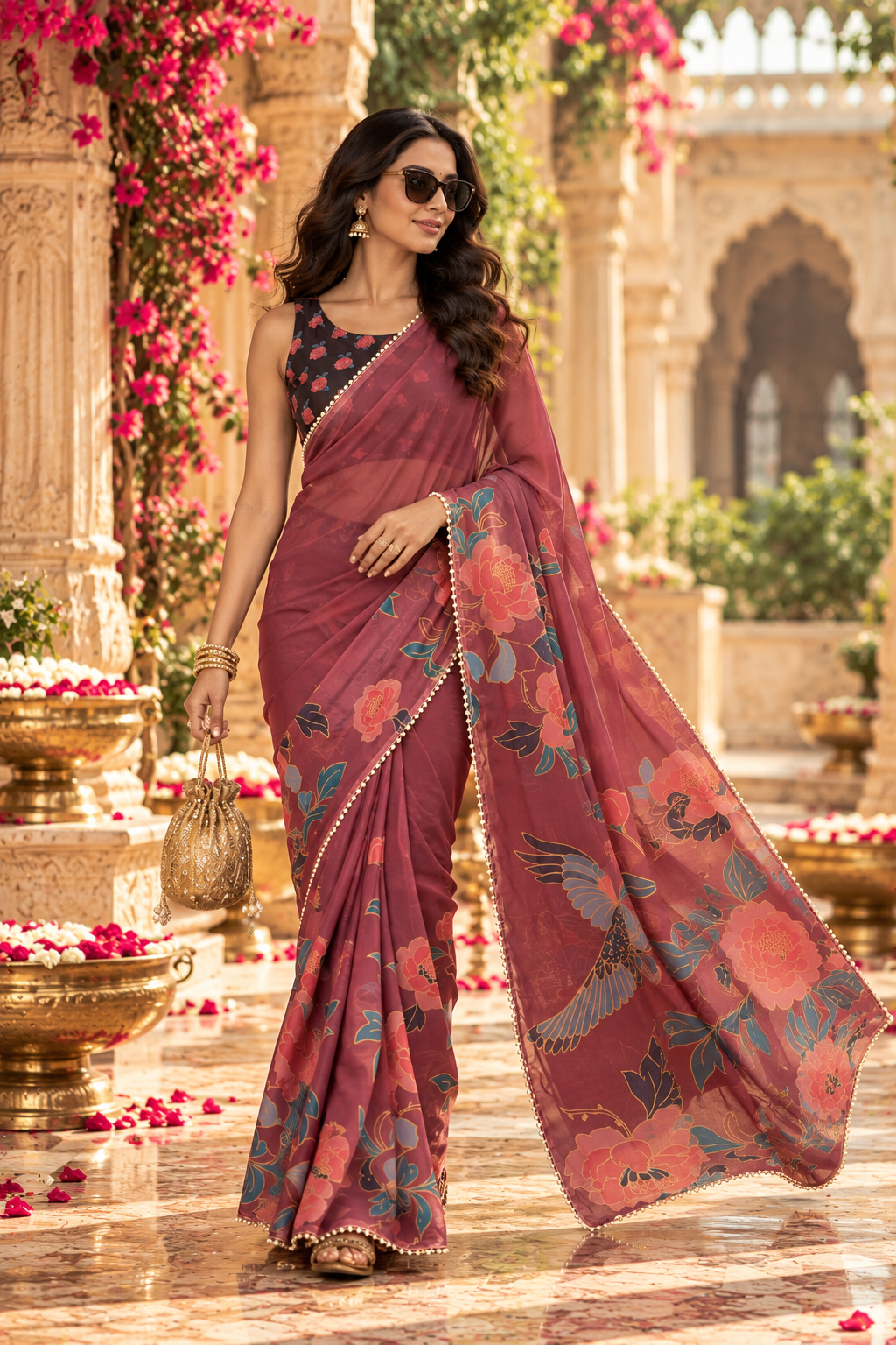 Premium Georgette Digital Print Moti Lace Work Saree With Unstitched Blouse(Brown)