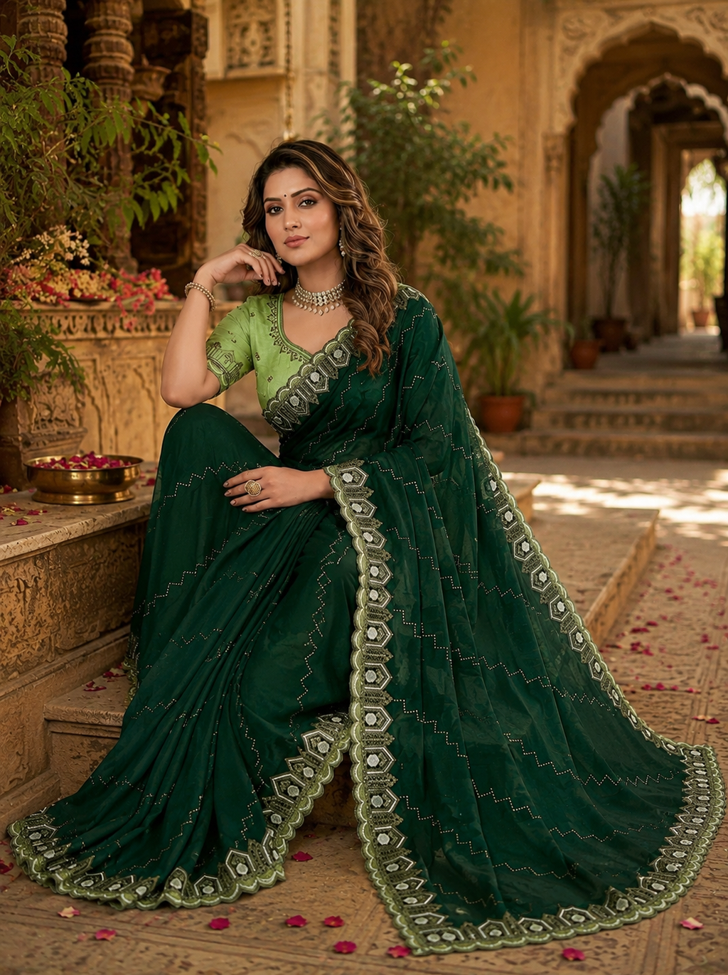 Organza Silk Saree With Unstitched Blouse(Green)