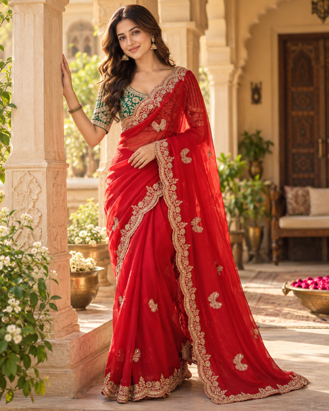 Premium Satin Silk Sequins Zari Work Saree With Blouse(Red)