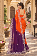 Chinon Silk Embroidery Work Saree With Unstitched Blouse(Violet)