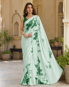 Premium Satin Silk Printed Saree With Unstitched Blouse(Green)