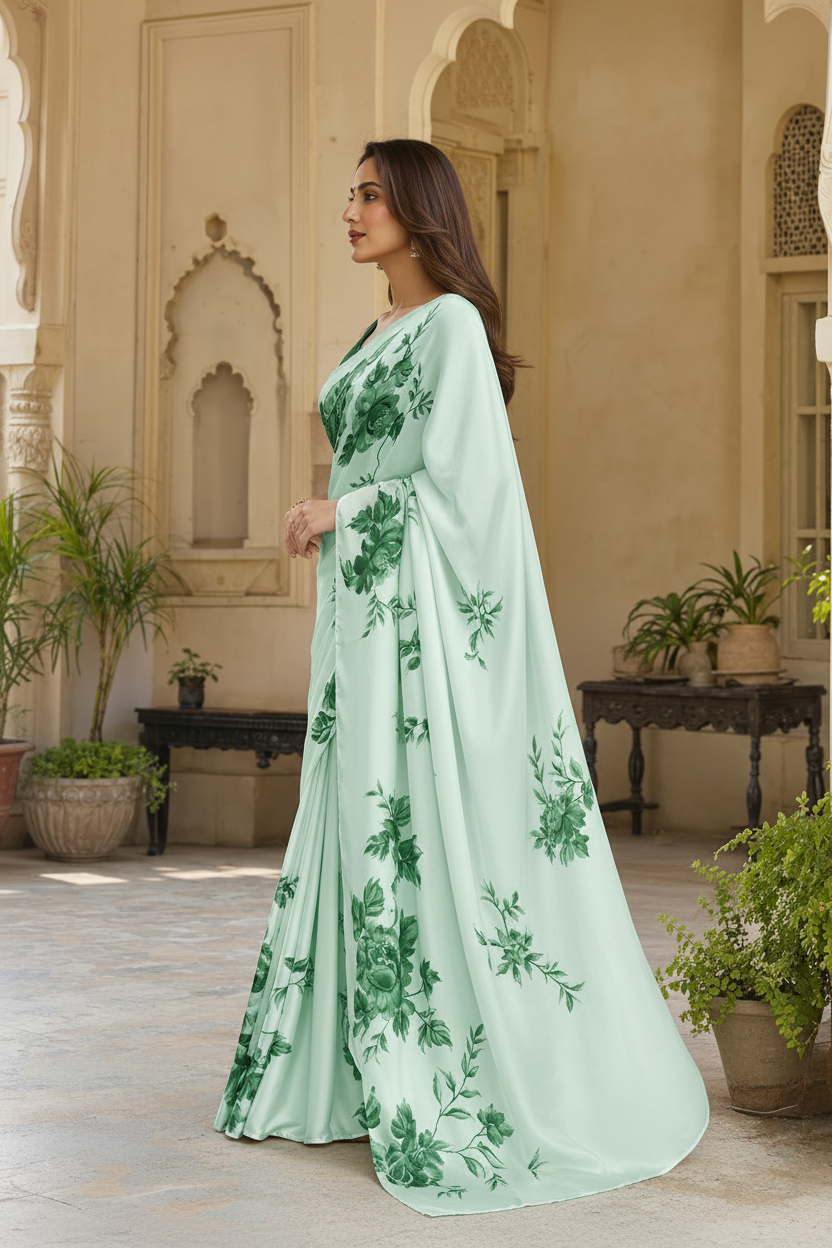 Premium Satin Silk Printed Saree With Unstitched Blouse(Green)