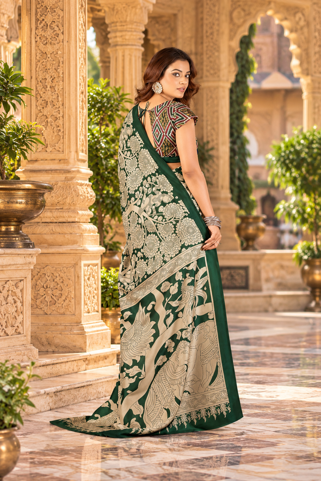 Premium Tussar Silk kalamkari Print Saree With Unstitched Blouse(Green)