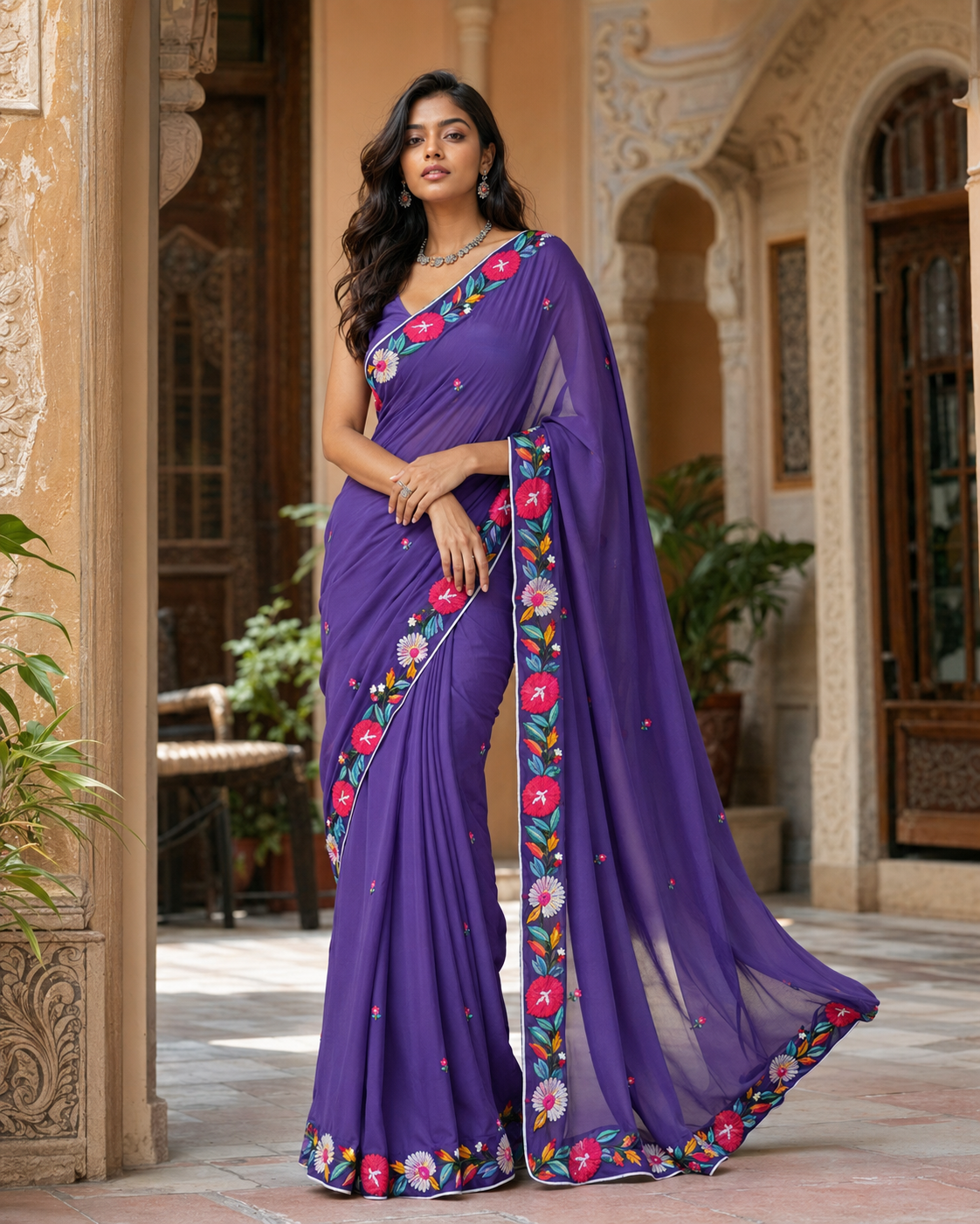 Georgette Printed Saree With Unstitched Blouse(Lavender)