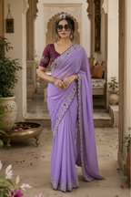 Premium Georgette Saree With Unstitched Blouse(Lavender)