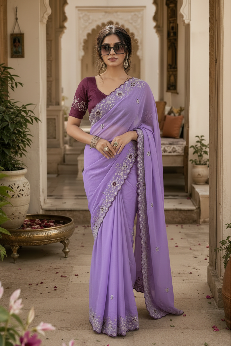 Premium Georgette Saree With Unstitched Blouse(Lavender)