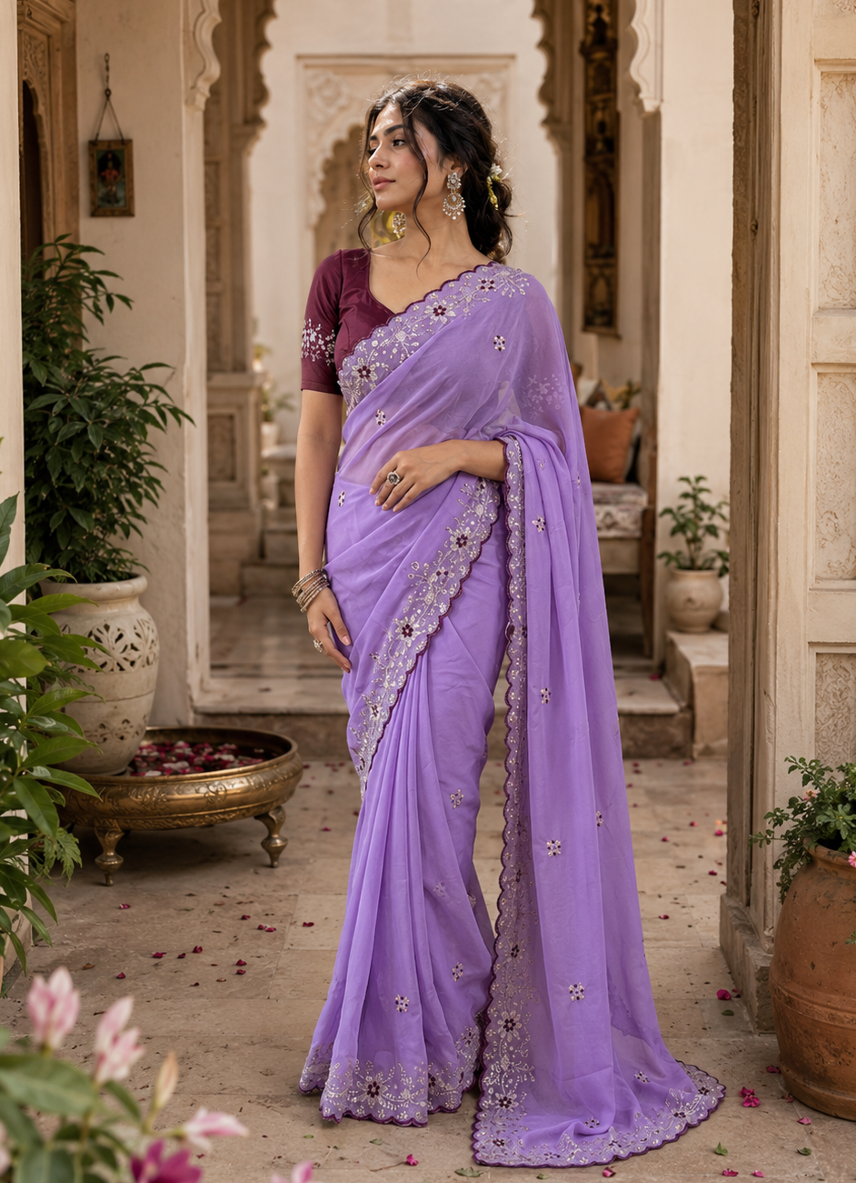 Premium Georgette Saree With Unstitched Blouse(Lavender)
