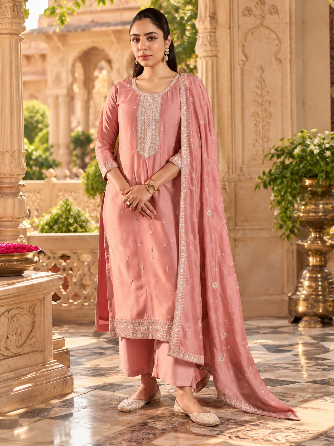 Vichitra Silk Kurti Bottom Set With Dupatta(Pink)