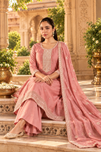 Vichitra Silk Kurti Bottom Set With Dupatta(Pink)
