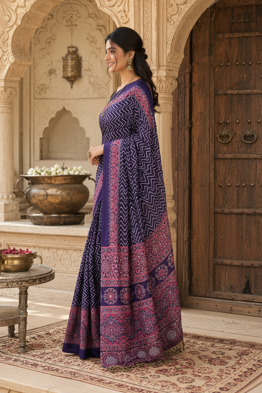 Premium Satin Silk Ajrarakh Print Saree With Unstitched Blouse(Purple)