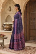 Premium Satin Silk Ajrarakh Print Saree With Unstitched Blouse(Purple)