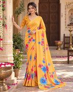Satin Silk Floral Print Saree With Unstitched Blouse(Mustard)