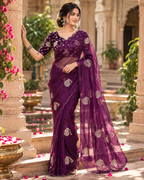 Satin Silk Border Cut Work Saree With Unstitched Blouse(Wine)