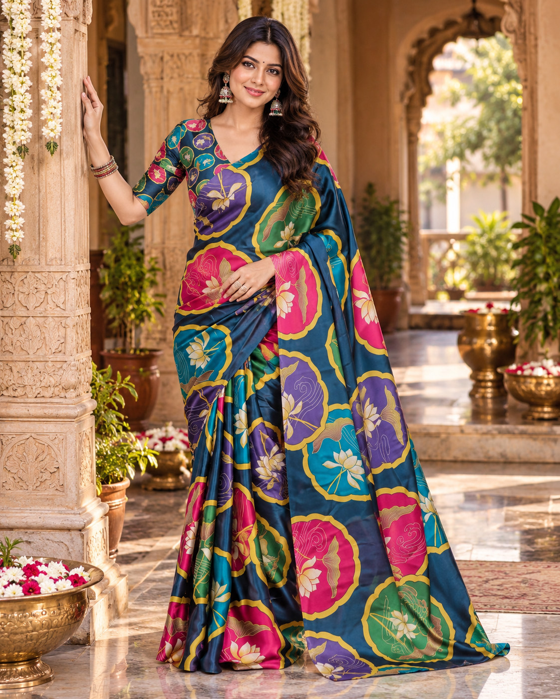 Satin Silk Printed saree With Unstitched Blouse(Morpich)