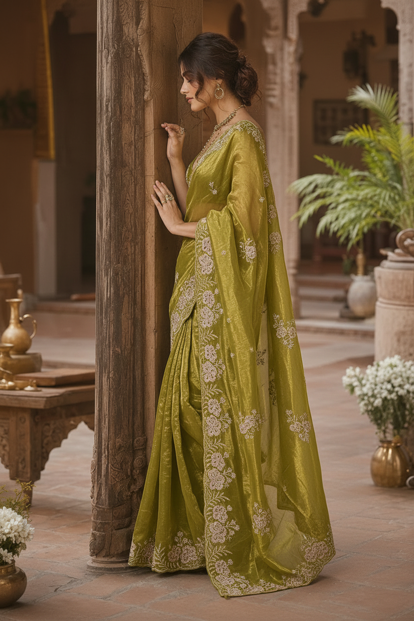 Satin Silk Embroidery Work Saree With Unstitched Blouse(Pink)