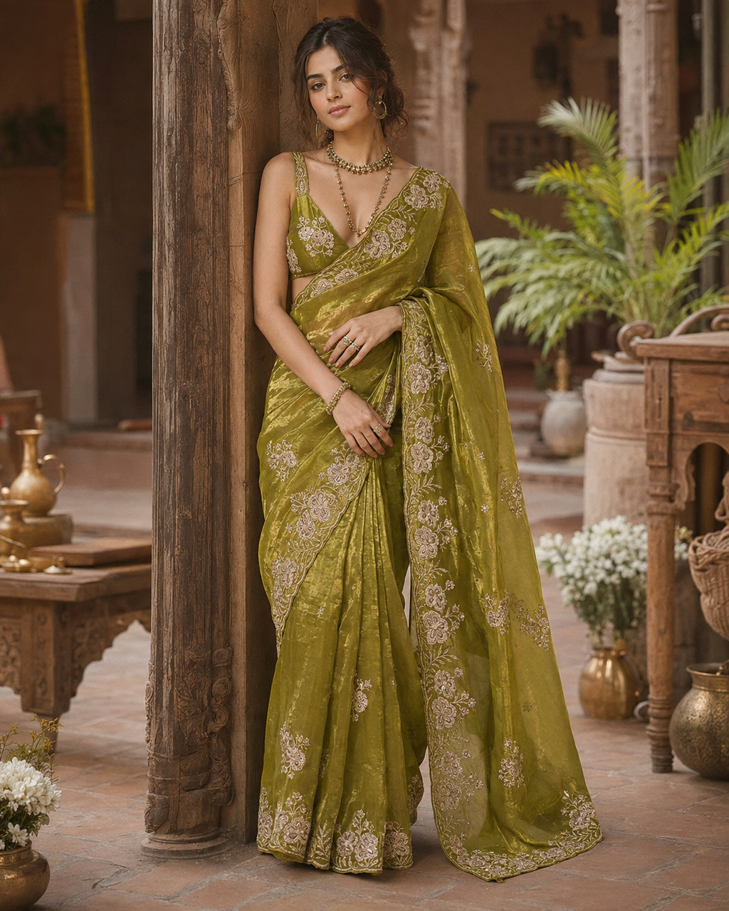 Satin Silk Embroidery Work Saree With Unstitched Blouse(Pink)