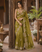 Satin Silk Embroidery Work Saree With Unstitched Blouse(Pink)