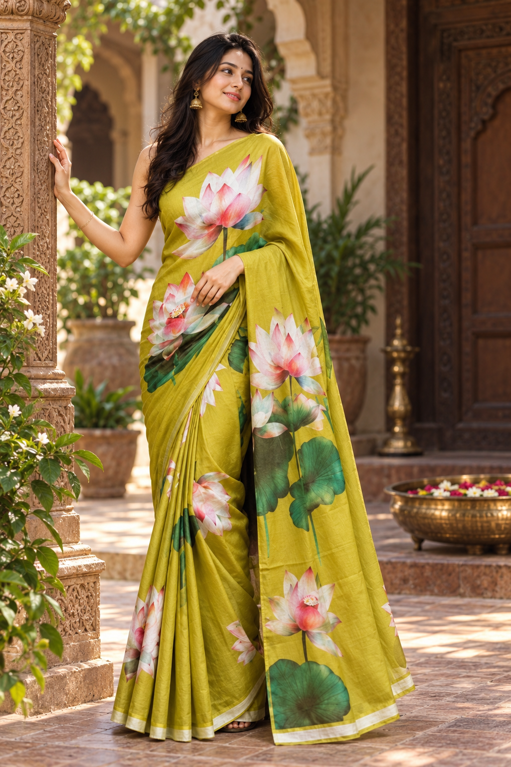 Georgette Floral Print Saree With Unstitched Blouse(Mehendi)