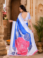 Georgette Satin Digital Printed saree With Unstitched Blouse(Blue)