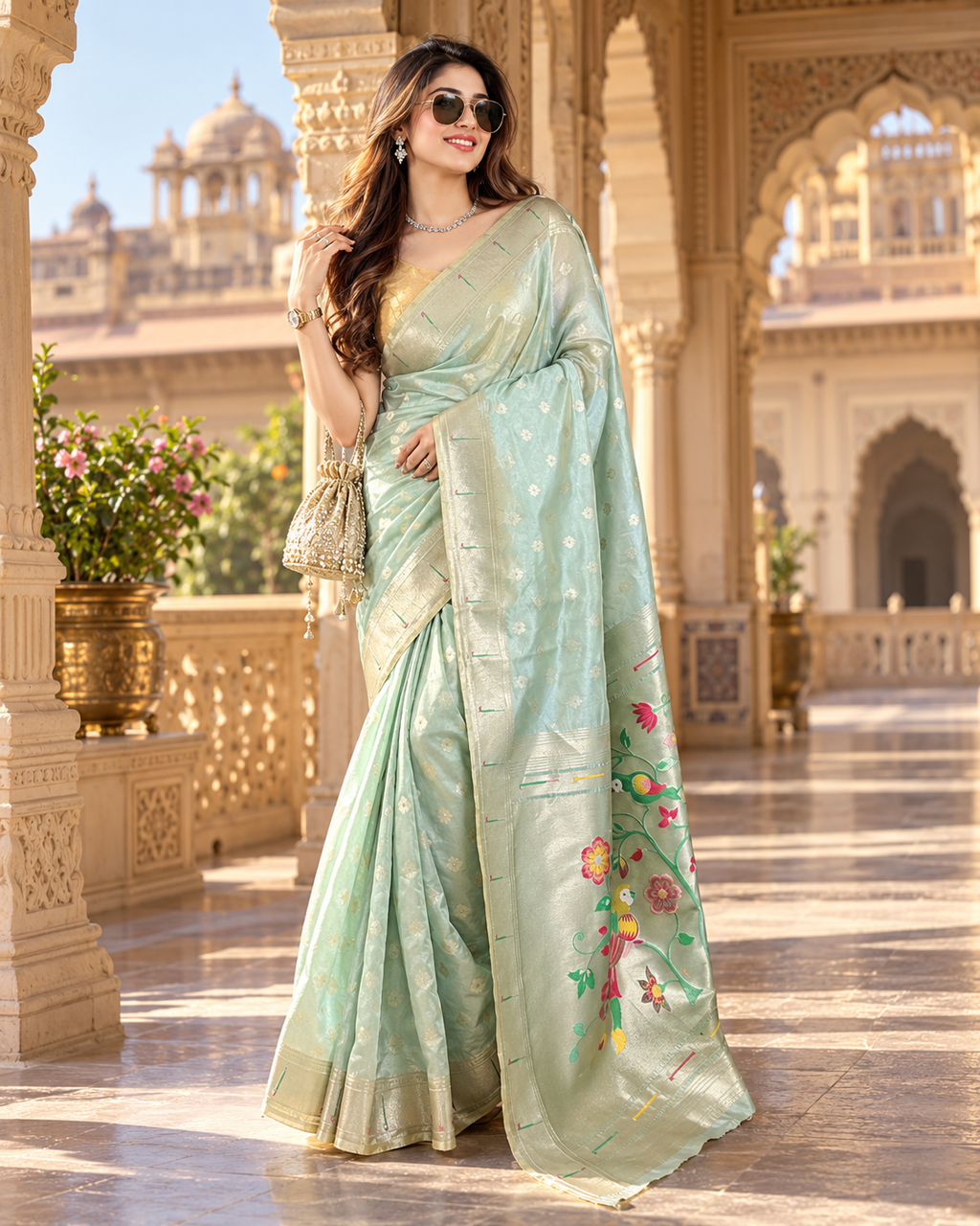 Premium Paithani Silk Butti Jari Work Pallu Saree With Unstitched Blouse (Mint Green)
