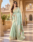 Premium Paithani Silk Butti Jari Work Pallu Saree With Unstitched Blouse (Mint Green)