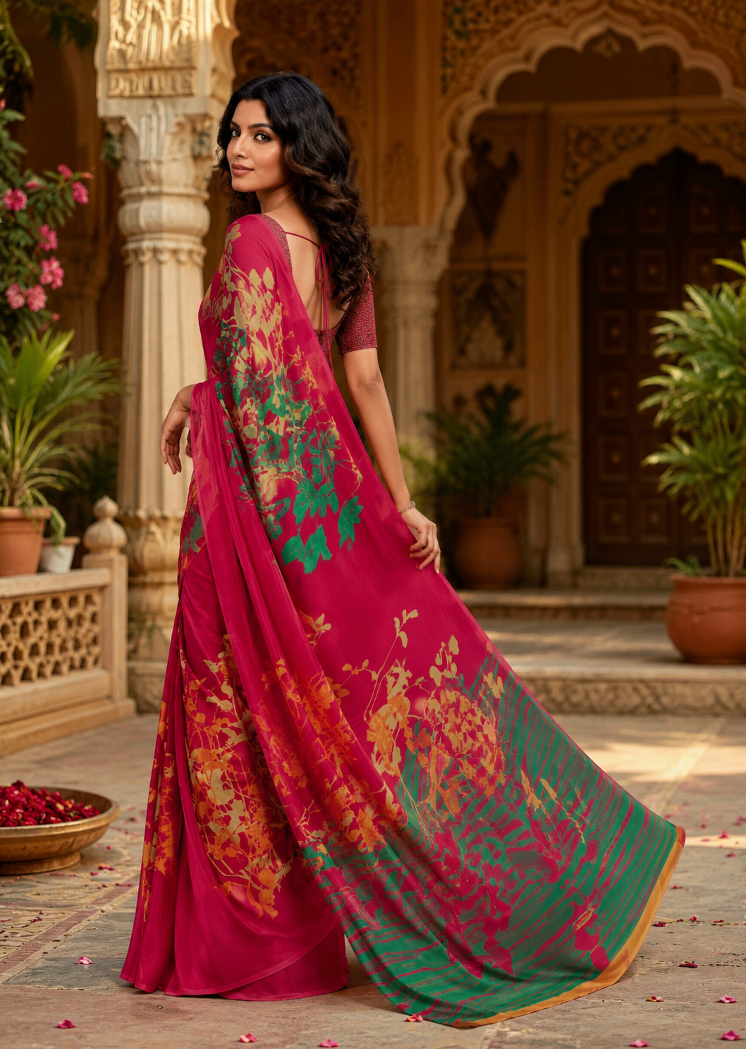 Crepe Silk Party Wear Saree With Unstitched Blouse(Red)