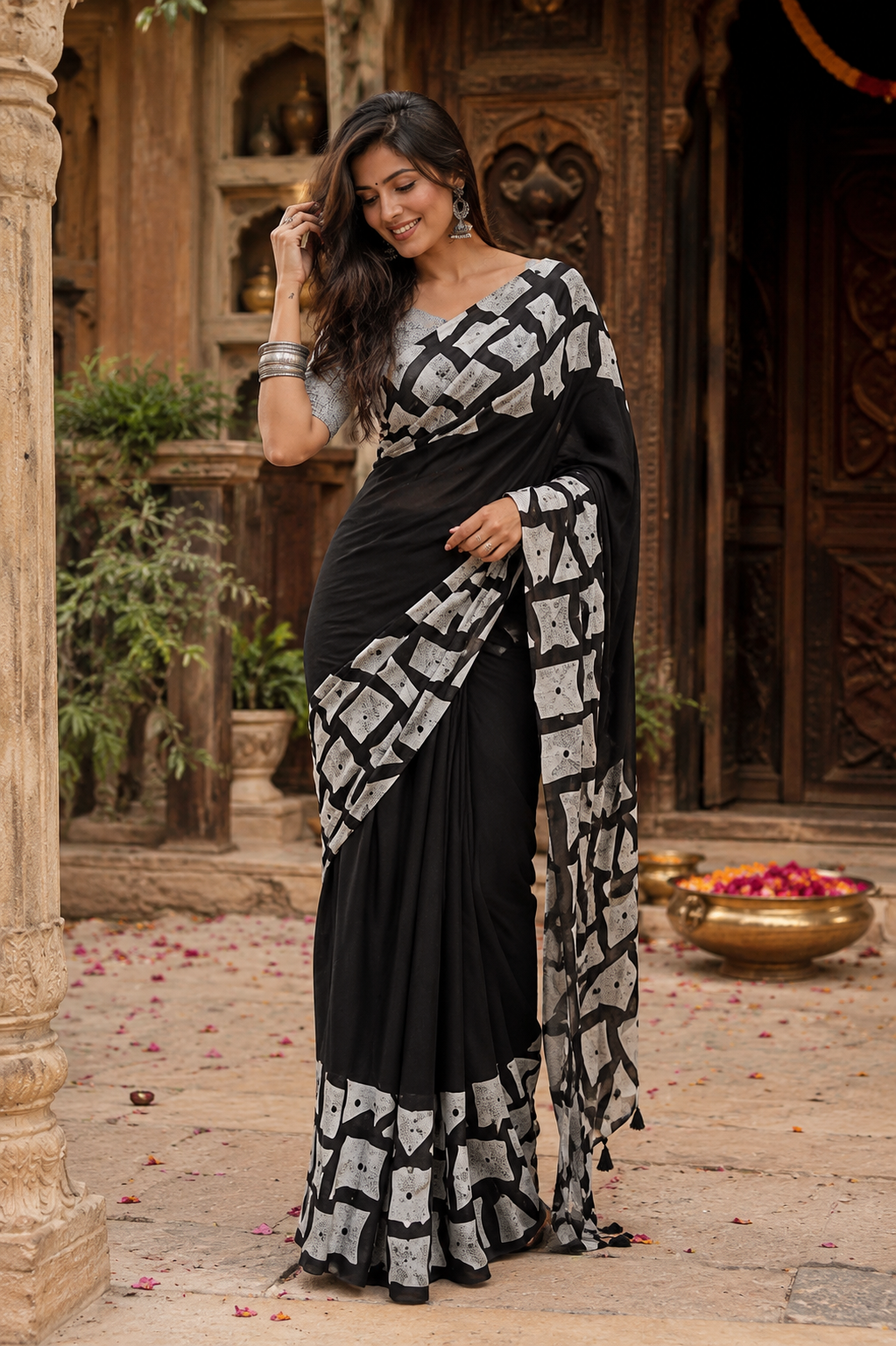 Georgette Mirror Work Saree With Unstitched Blouse(Black)