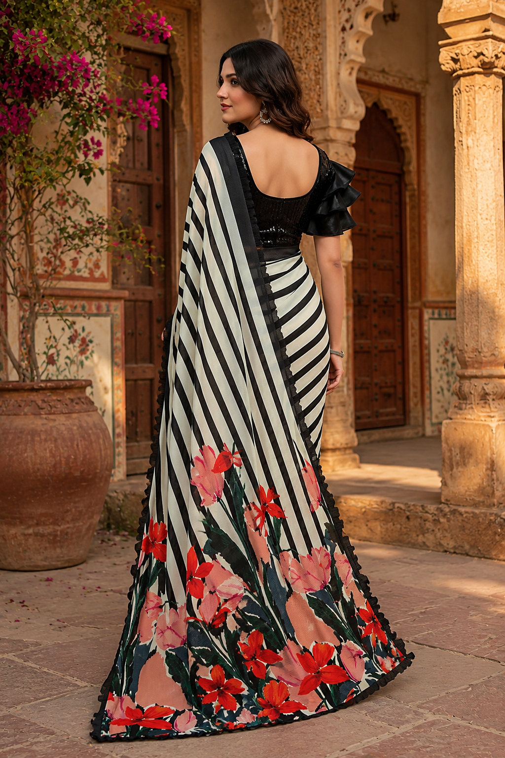 Satin Silk Floral Printed Saree With Unstitched Blouse(White)
