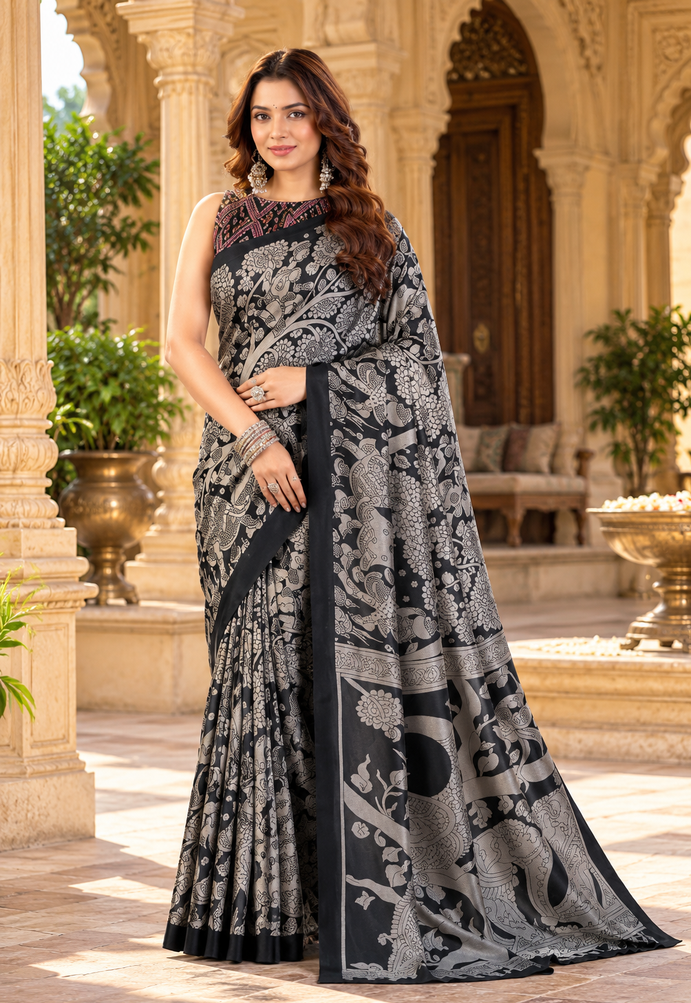 Premium Tussar Silk kalamkari Print Saree With Unstitched Blouse(Black)