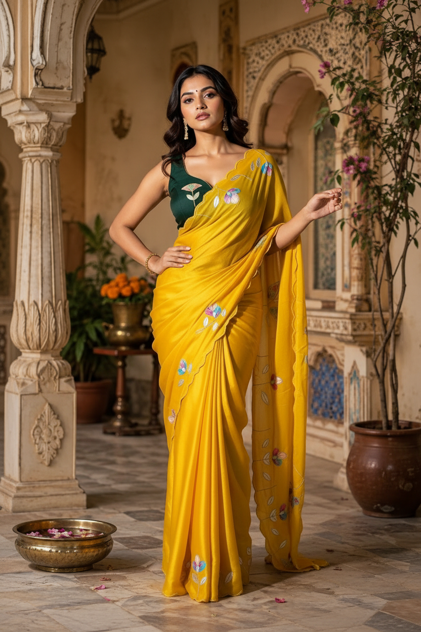 Premium Georgette Floral Print Saree With Unstitched Blouse(Yellow)