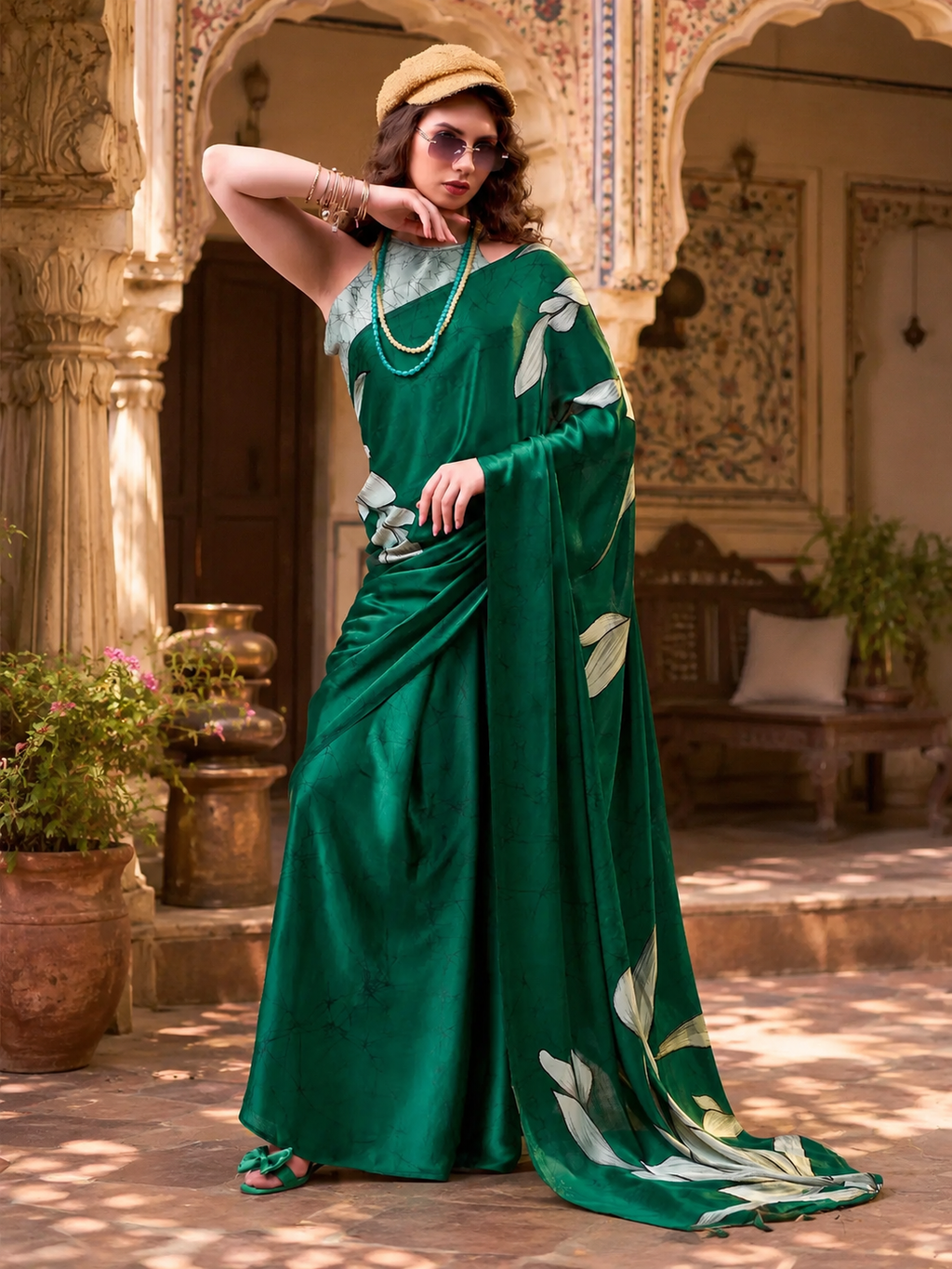 Stunning Satin Silk Floral Printed Saree With Unstitched Blouse(Green)