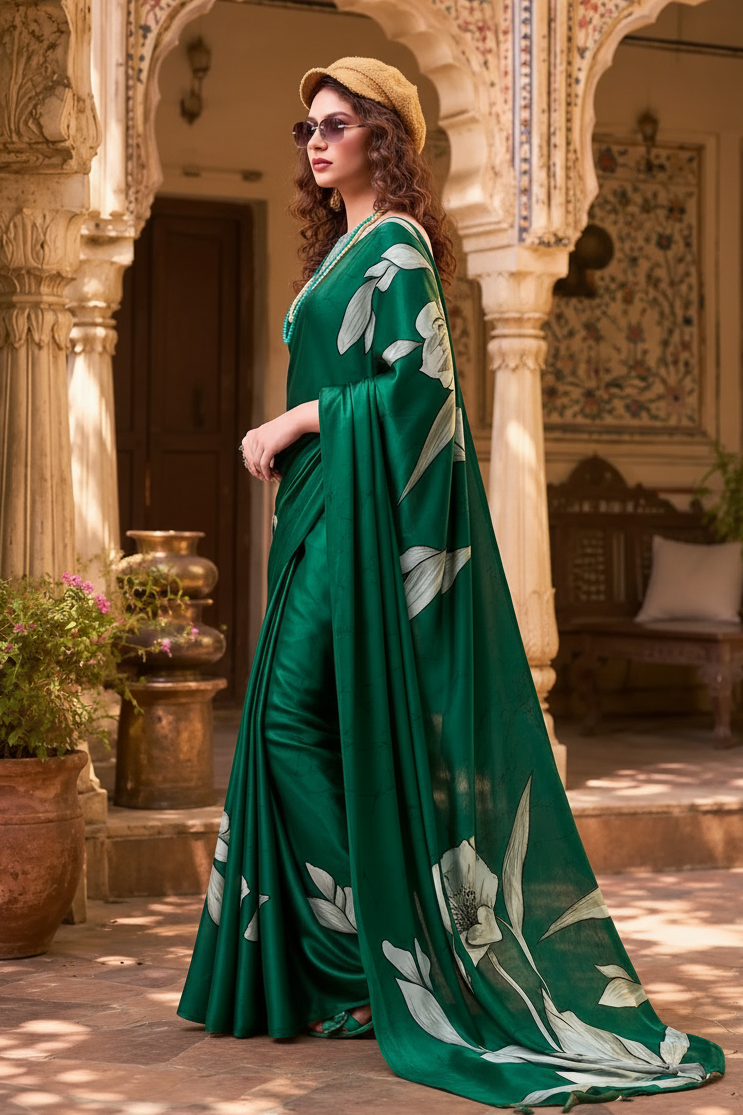 Stunning Satin Silk Floral Printed Saree With Unstitched Blouse(Green)