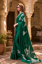 Stunning Satin Silk Floral Printed Saree With Unstitched Blouse(Green)