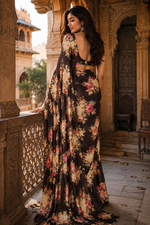 Load image into Gallery viewer, Satin Silk Printed Saree with Unstitched Blouse(Black)
