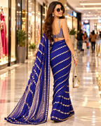 Pure Georgette Original Mirror Embroidery Work Saree With Unstitched Blouse(Whale Blue)