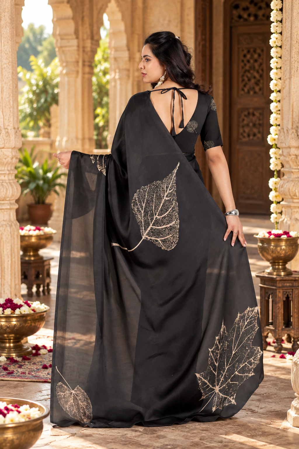 Satin Silk Printed Saree With Unstitched Blouse(Black)
