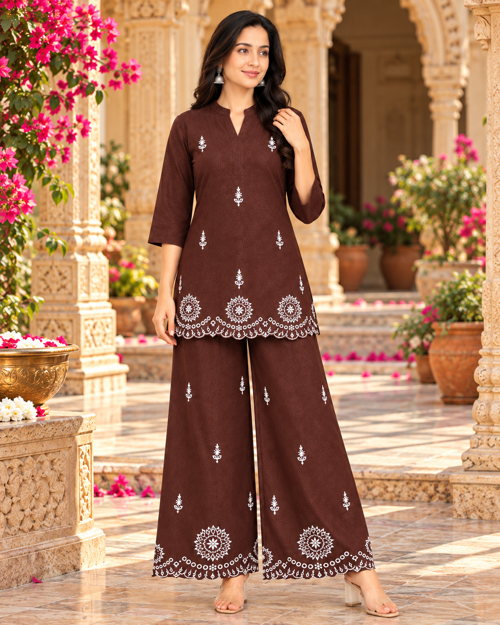 Pure Cotton Embroidery Work Co-Ord Set(Brown)