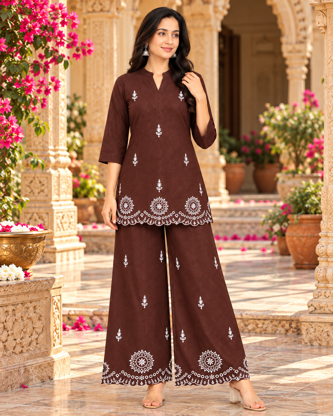 Pure Cotton Embroidery Work Co-Ord Set(Brown)