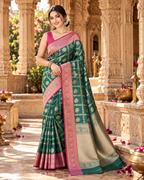 Banarasi Silk Saree Golder Zari Border With Unstitched Blouse(Green)