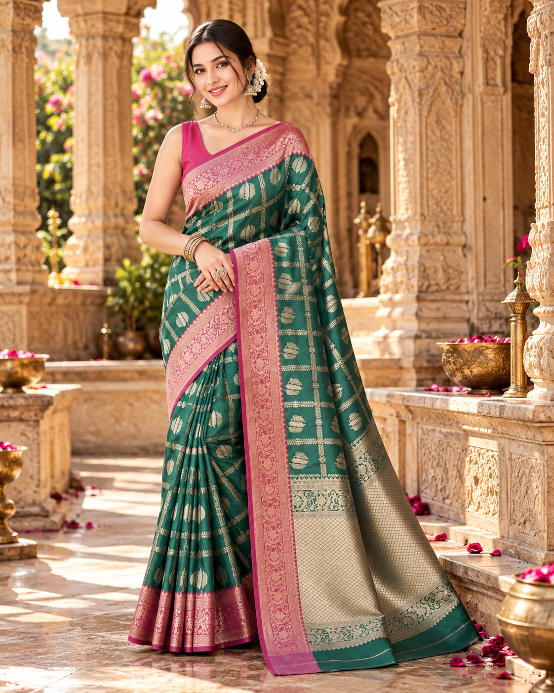 Banarasi Silk Saree Golder Zari Border With Unstitched Blouse(Green)