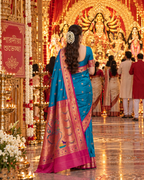 Premium Paithani Katan Silk Butti Saree With Zari Border Unstitched Blouse (Blue)