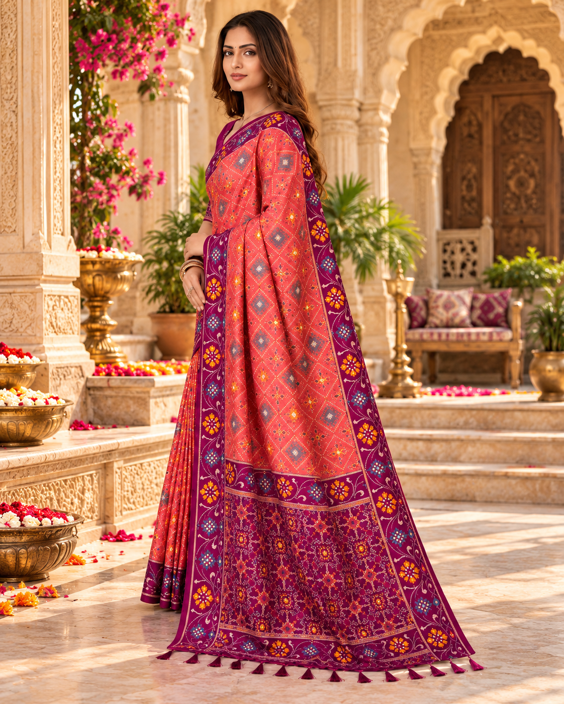 Patola Silk Rich Zari Work Saree With Unstitched Blouse(Rani)