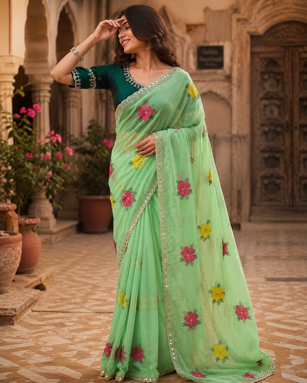 Soft Rangoli Silk Embroidery & Mirror Work saree With Unstitched Blouse(Green)