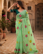 Soft Rangoli Silk Embroidery & Mirror Work saree With Unstitched Blouse(Green)
