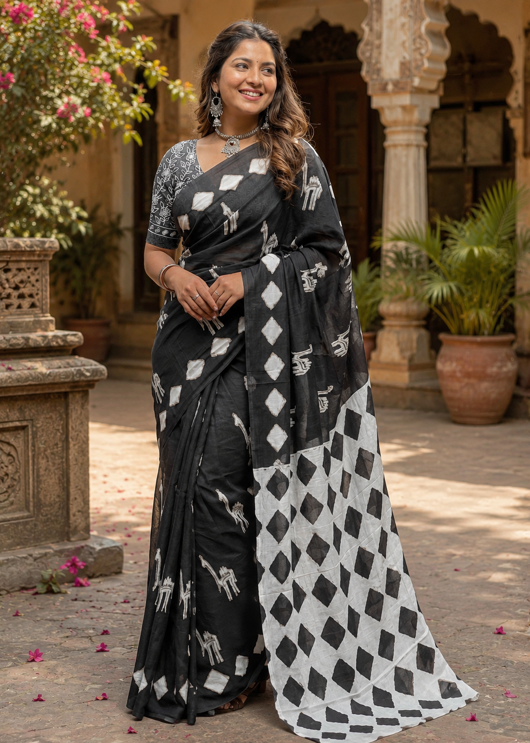 Soft Pure Cotton Printed Saree With Unstitched Blouse(Black)