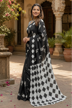 Soft Pure Cotton Printed Saree With Unstitched Blouse(Black)