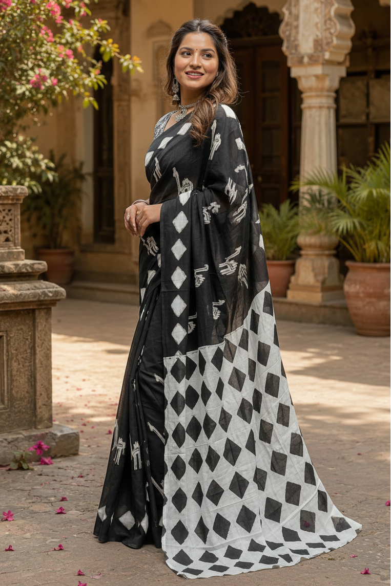 Soft Pure Cotton Printed Saree With Unstitched Blouse(Black)