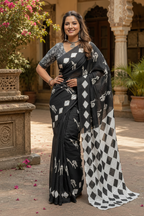 Soft Pure Cotton Printed Saree With Unstitched Blouse(Black)